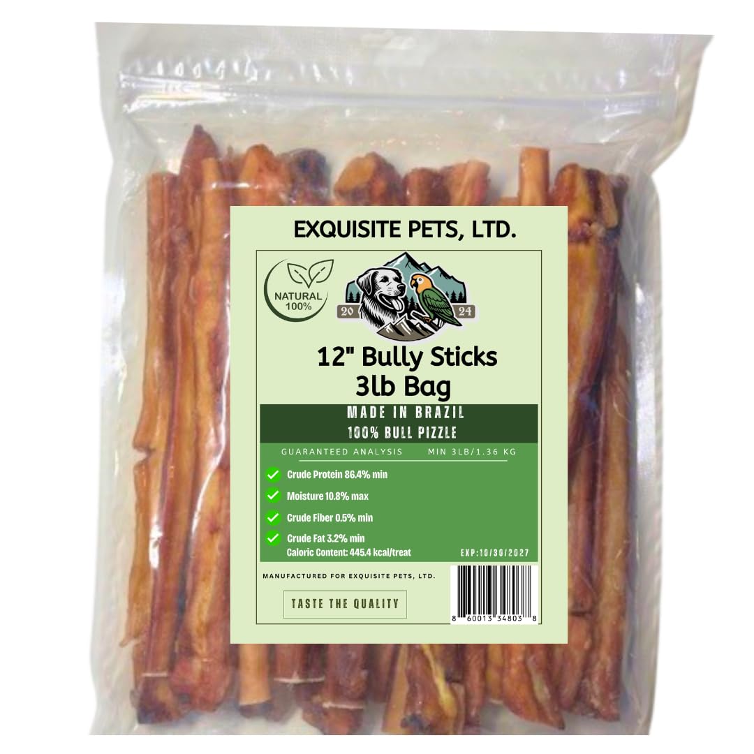 EXQUISITE PETS, LTD. 12 inch Bully Sticks- Bulk 3 lb Bulk Bag- 100% Brazilian Bull Pizzle- Thick, Odorless, Long-Lasting All-Natural Dog Chews for