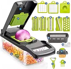Cortador e Processador Manual 16 em 1 de Legumes, Verduras, Frutas e Queijos - Picador, Fatiador, Ralador Multifuncional com Recipiente, Acessórios de Cozinha Prática e Segura