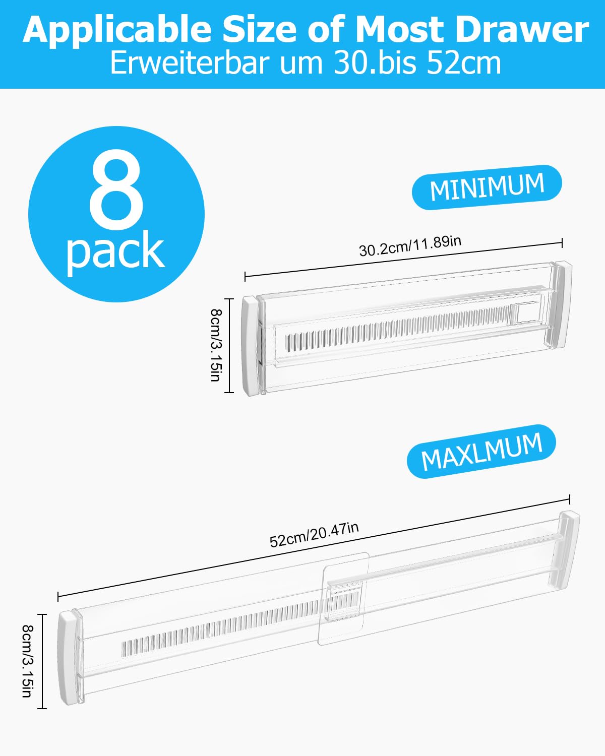 Divisores de Cajones Ajustables 8 Paquetes Separadores Expandibles 28.5-50.5cm Organizador Transparente