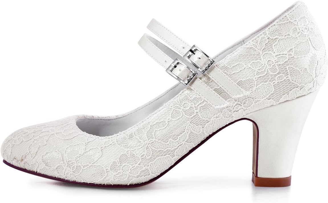 ElegantPark HC1808 Women Cross Ankle Strap Pumps Chunky Heel Closed Toe Satin Bridal Wedding Shoes Ivory US