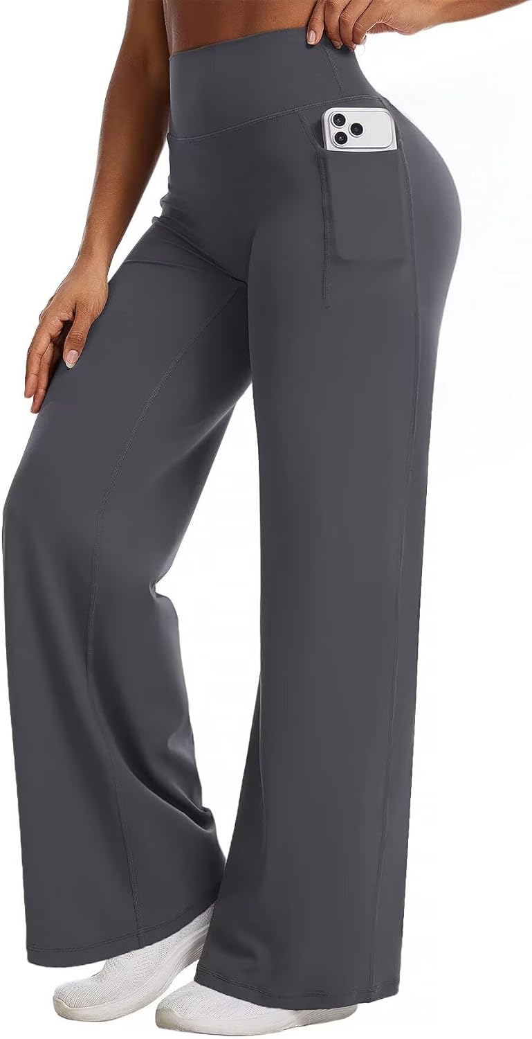 Flamingals Straight Leggings Wide Leg Yoga Pants with Pockets for Women High Waisted Hidden Scrunch Workout Pants