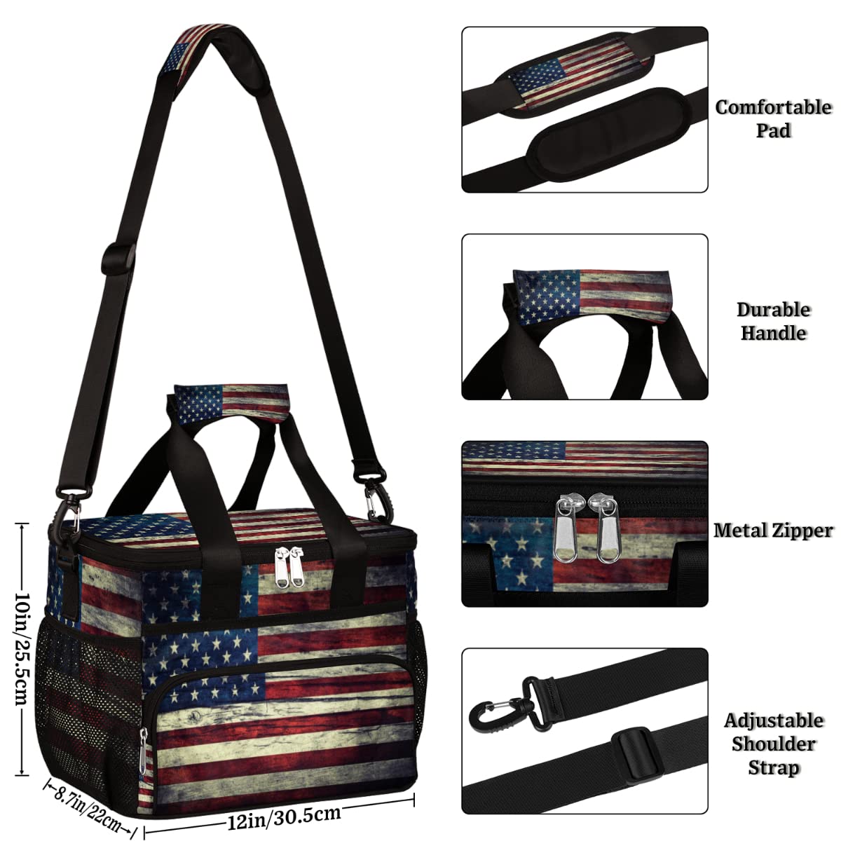 Herdesigns American Flag Skull Insulated Lunch Bag For Women Men Adult, Reusable Insulated Cooler Lunch Box Lunch Tote Bag For Work Picnic Beach