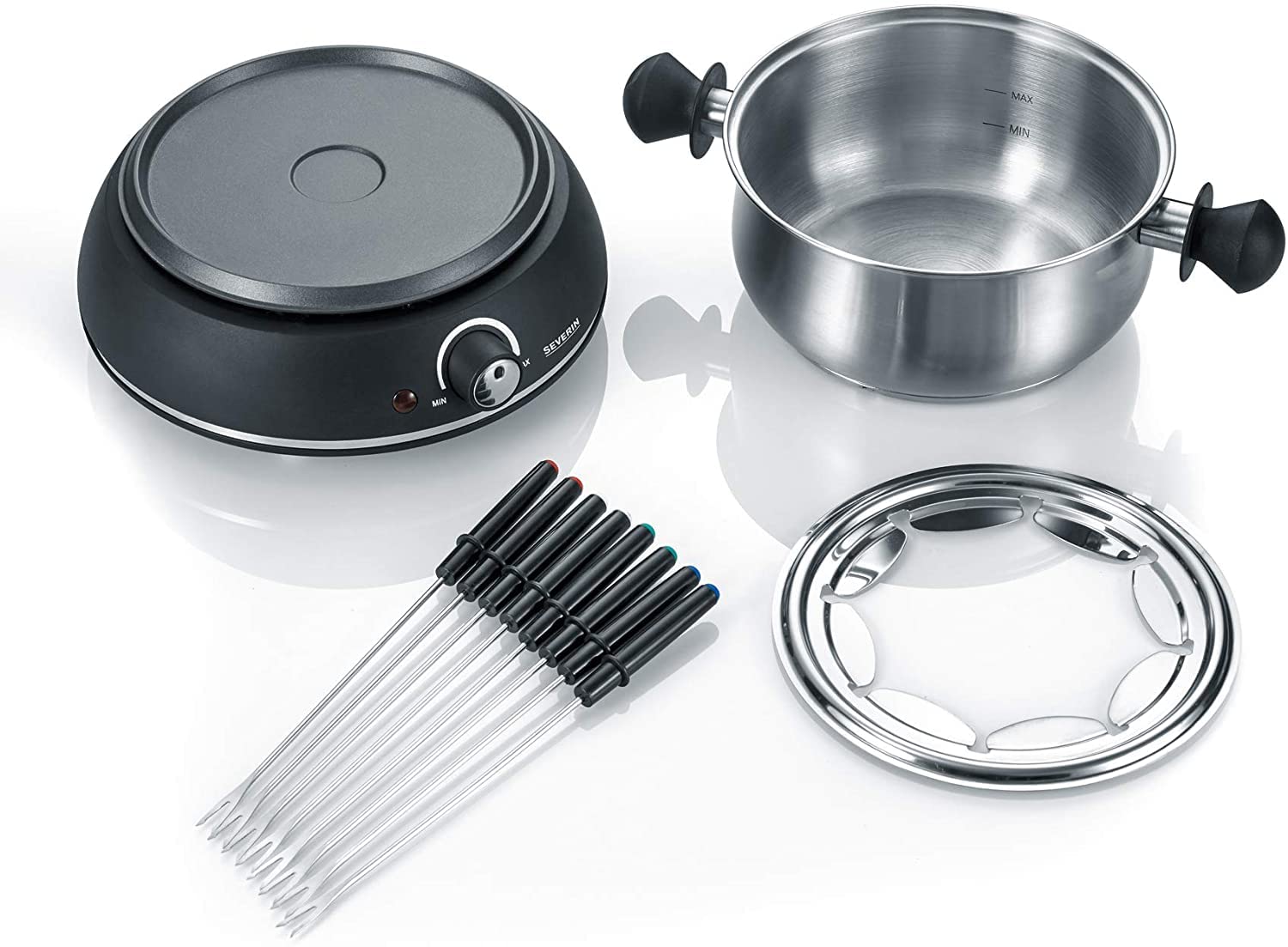SEVERIN FO 2405 Fondue mit abnehmbarem Edelstahltopf (1.500 W, XXL-Zuleitung, ca., Inkl. Spritzschutz und 8 Fondue-Gabeln)