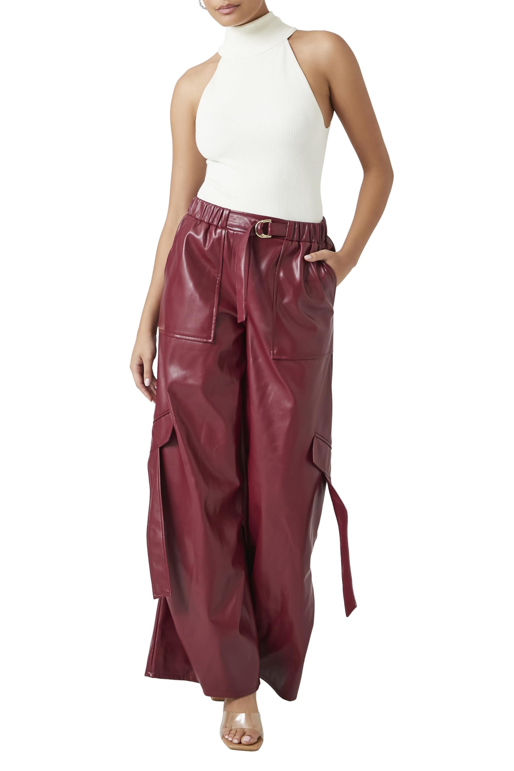 Forever 21 Faux Leather Wide-Leg Cargo Pants Pantalons Femme