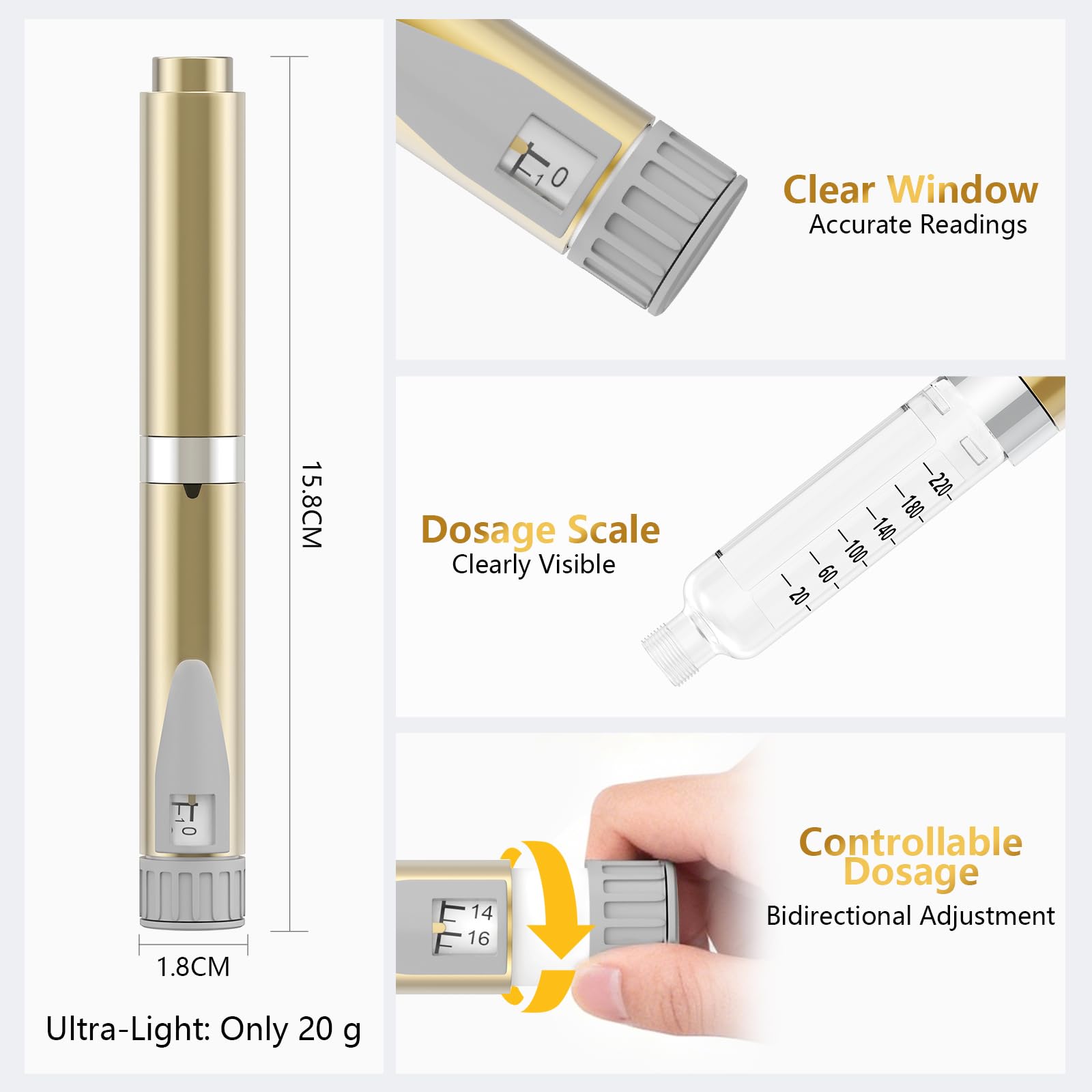 Stylo à Insuline Réutilisable, Stylo Doseur Précis Compatible Avec Cartouches 3 ml, Dosage Exact de 1–60 Unités, Léger et Portable pour un Usage Quotidien, Doré