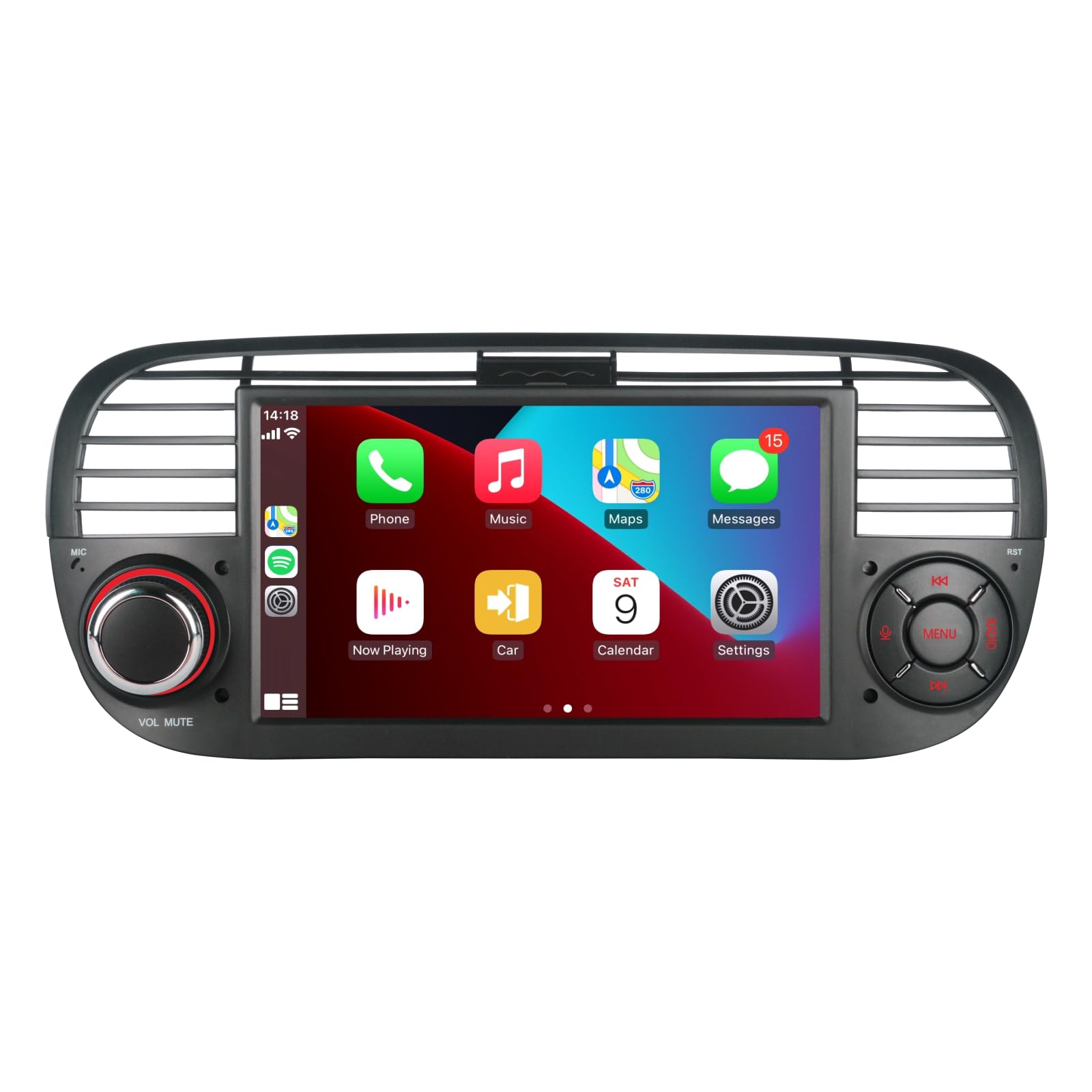Doppel-DIN-Autoradio kompatibel mit drahtlosem Carplay Android Auto für FIAT 500 2007-2015-Zoll IPS Bluetooth/FM/AM Radio/USB/EQ (Schwarz)