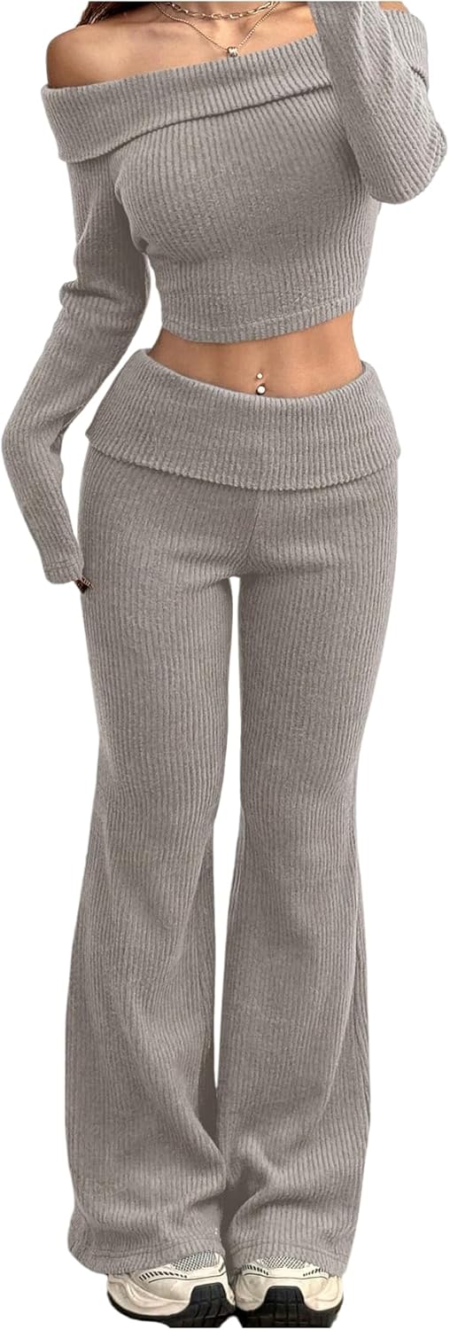 Verdusa Women's Comfiest Airport Outfits 2 Piece Sets Fold Over Off Shoulder Crop Top with Flare Pants