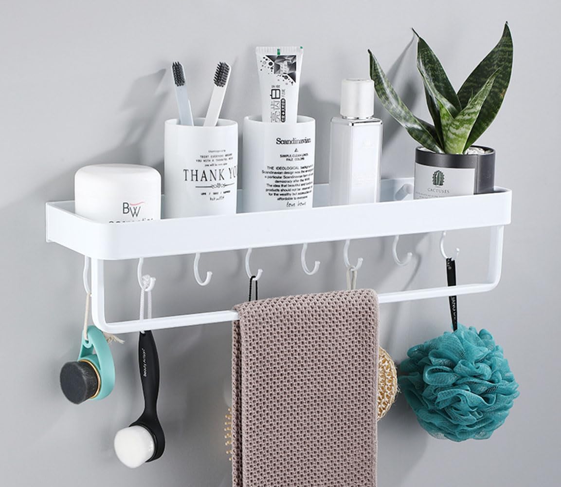 AJINGELA Wall Mounted Floating Metal Storage Rack,White Bathroom Shelves Space Saving Rustproof Extra Strong Floating Storage Rack with 8 Hooks&Towel Bar(50CM)
