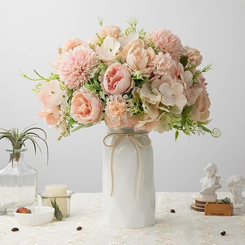 Miniatura 9 de LESING Peonía artificial con florero, ramos de flores de seda, hortensias falsas a granel para el hogar, centros de mesa, decoración de boda (azul-1)