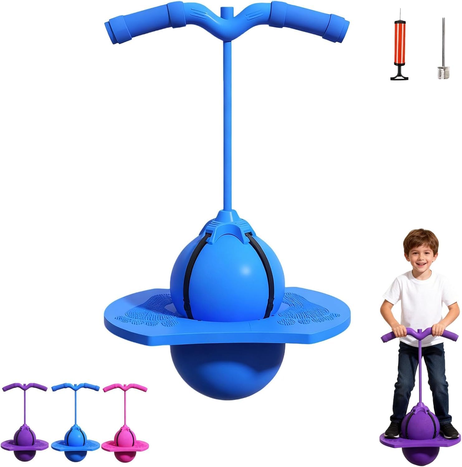 Ballon Sautillant avec Poignée & Pompe, Ballon d’Équilibre Antidérapant pour Enfants et Adultes, Sport Fitness Intérieur Extérieur, Charge 300kg (Blue)