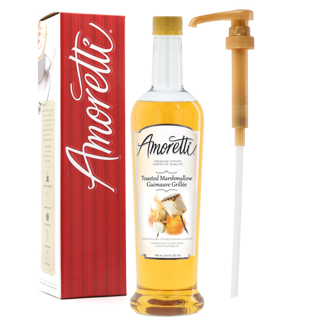 Amoretti - Premium Toasted Marshmallow Syrup, 94 Servings Per Bottle (750 ml), with Pump for Flavoring Coffees, Cocktails, and other Beverages, Gluten Free, GMO/GEO Free, Preservative Free