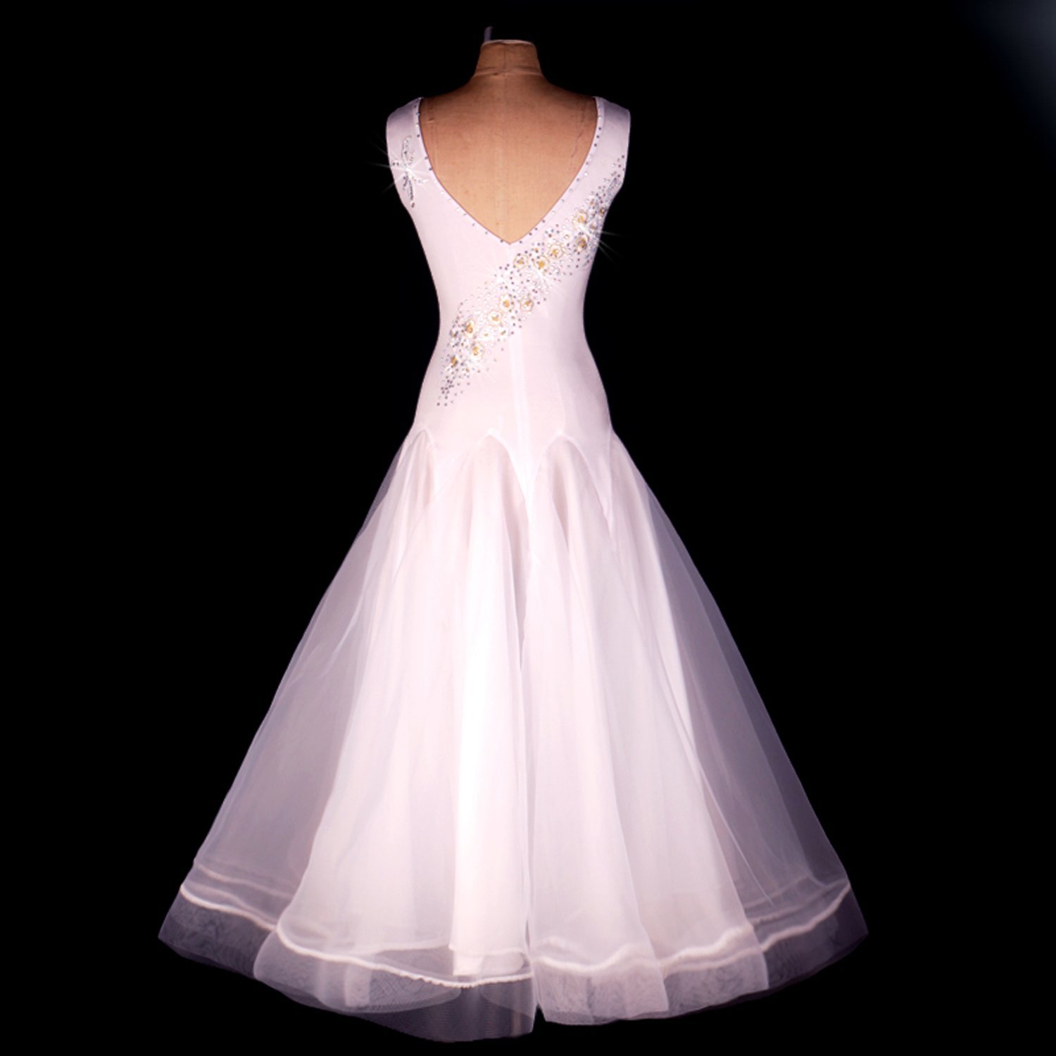 Yc bene donne danza moderna standard da ballo concorrenza abiti danza strass, collo a V bianco costumi espansione gonna per donne Tango Valzer abiti White Medium