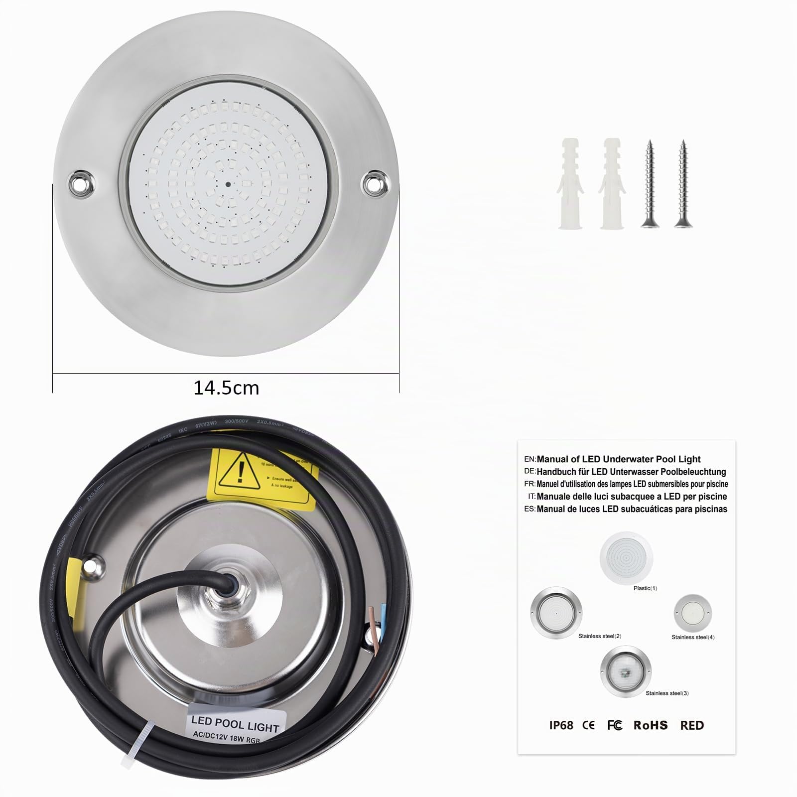 Iluminación LED para Piscina, 18W Foco Subacuático RGB de Acero Inoxidable, IP68 Sumergible, Montaje en Superficie, 12V AC/DC Lámpara de Piscina con Mando a Distancia, Para Piscina/Iluminación