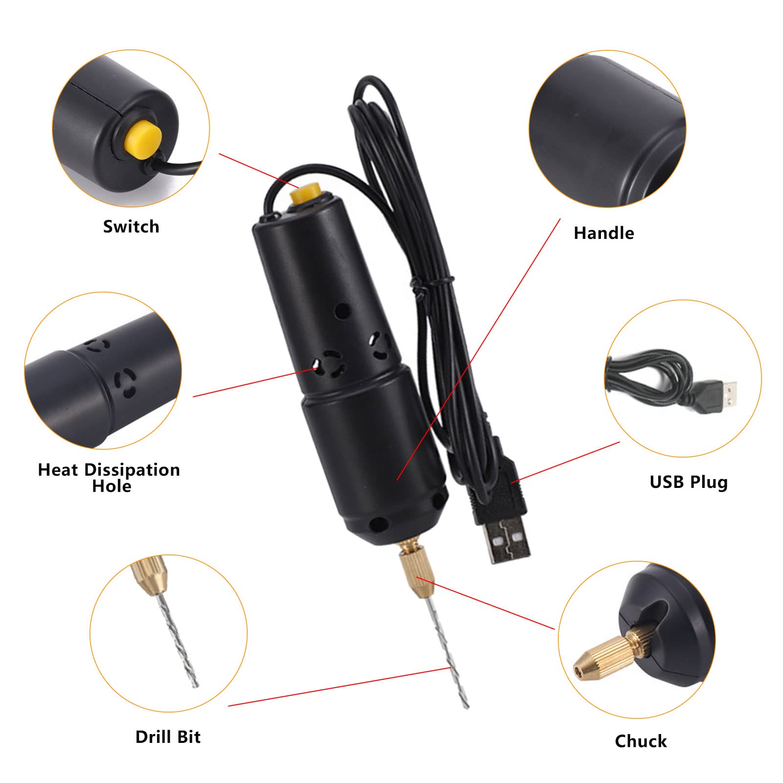 Mini taladro eléctrico de mano para resina, 0.8-1.2 mm Micro USB Taladro eléctrico para fabricación de joyas Pin Vise Kit de mango de uñas DIY con 10 herramientas de brocas, tornillo de hierro