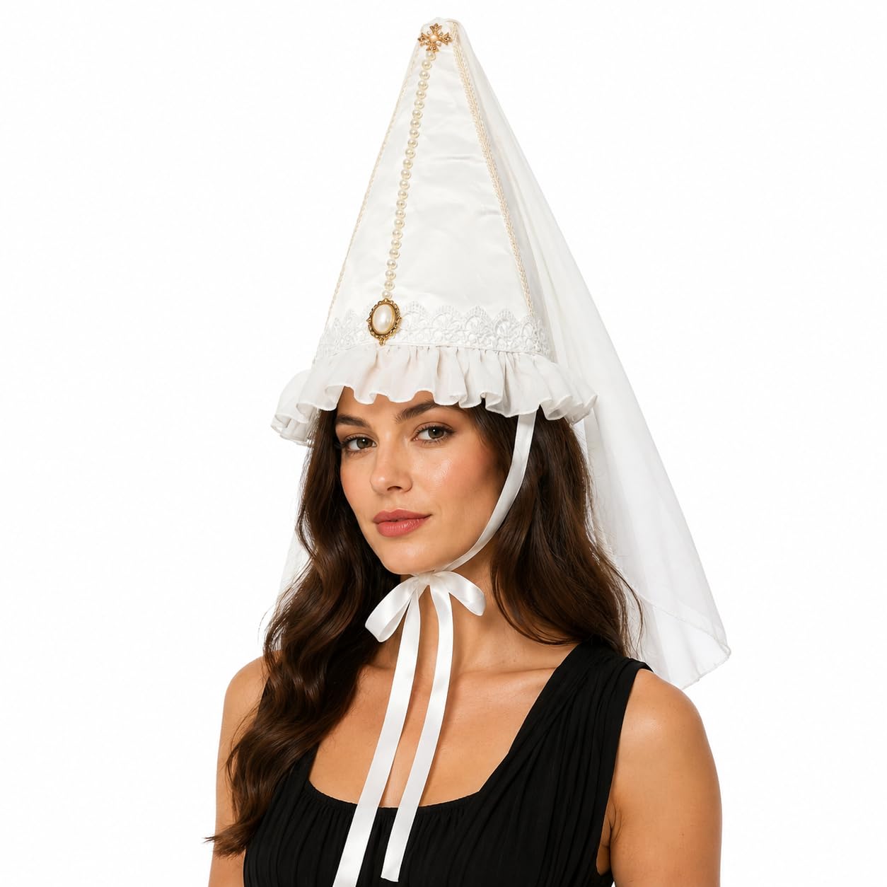 Women Medieval Hennin Cone Hat with Veil, Renaissance Princess Headdress Tall Cone Cap with Pearl and Gold Trim for Costume, Faire and Theatrical Dress — image 1