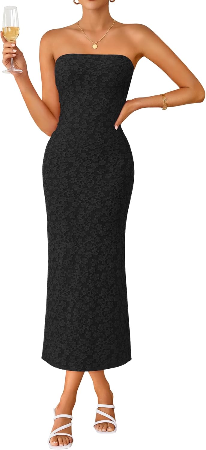 ZESICA Women's 2026 Summer Floral Strapless Bodycon Midi Dress Off Shoulder Beach Formal Cocktail Wedding Guest Long Dresses
