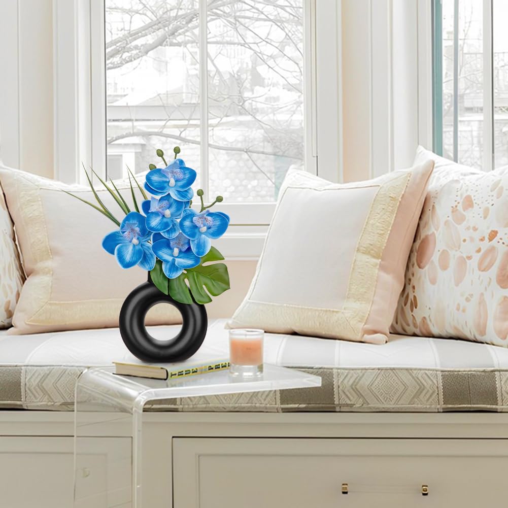 Oairse 2PCS Small Blue Orchid Artificial Flowers in Black Ceramic Pot Silk Flower Floral Arrangement Fake Orchid Plant for Home Office Dining Room Shelf Table Centerpiece Decoration - Image 3