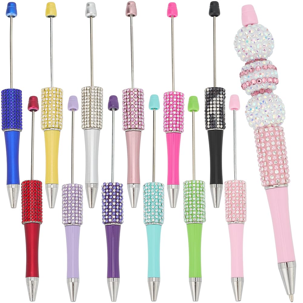 SUNNYCLUE 12 Colors Beaded Pens Beadable Pen Bulk Beadable Pens Colorful Beads Pen Set Rhinestone Ballpoint Pen Beading Pens for Women Teachers