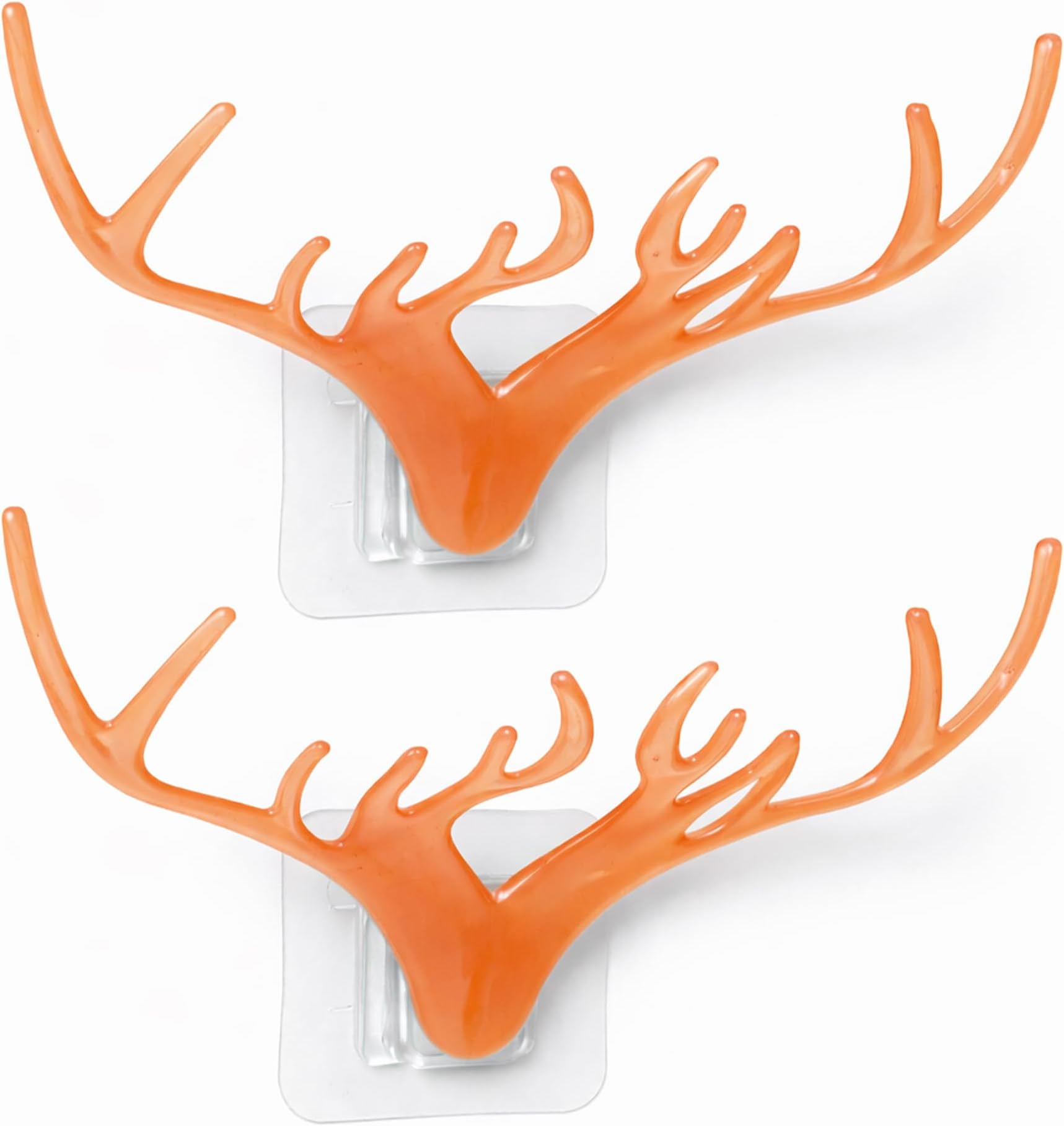 Self Adhesive Wall Hooks, Antler Deer Head Decorative Design, No Drill Strong Adhesive Hooks for Keys, Bags, Clothes, Towels & Coats, Multipurpose Wall Hooks (Transp. Orange - Pack of 2)