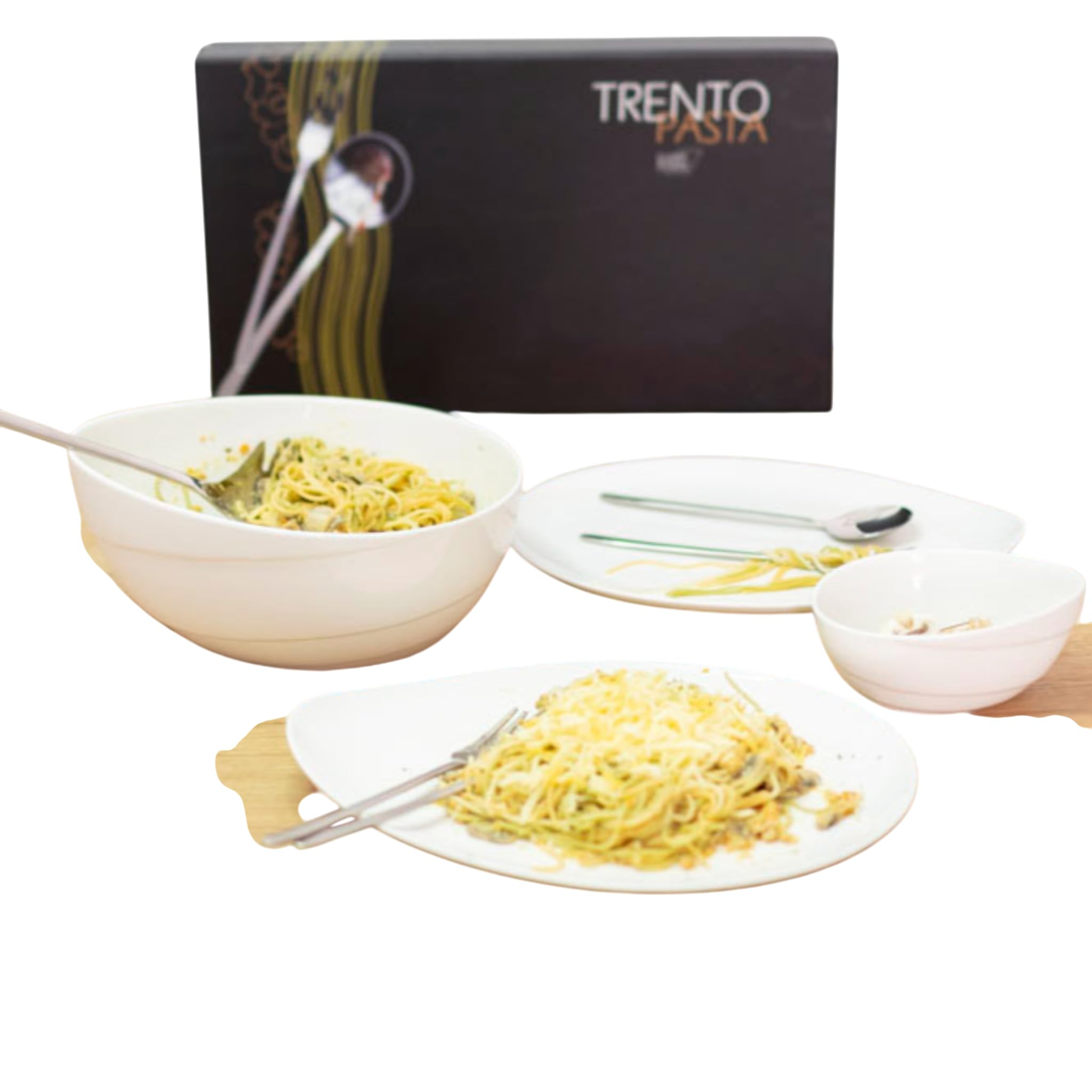 Lot de 13 couverts (6 cuillères, 6 fourchettes, serveur à pâtes), 2 assiettes, 1 saladier et 2 bols - Ovum & Trento