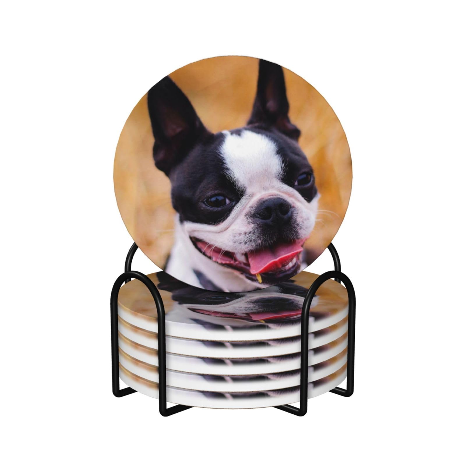 Dessous de verre en céramique Boston Terrier (lot de 6) avec support en métal et liège