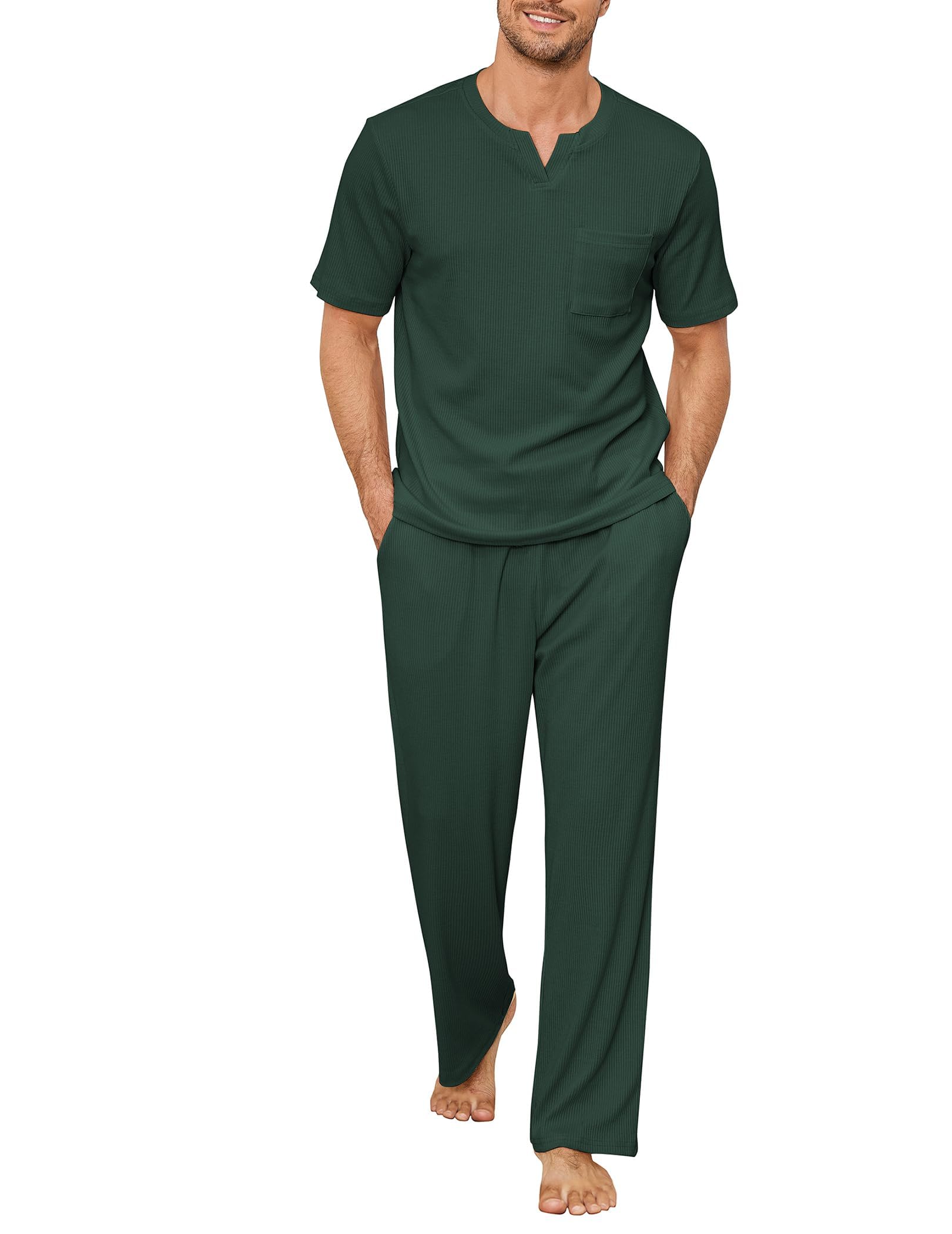 JiniGolla Mens Pajamas Set Soft Short Sleeve Top and Pant Loungewear Sets 2 Piece Pjs with Pockets