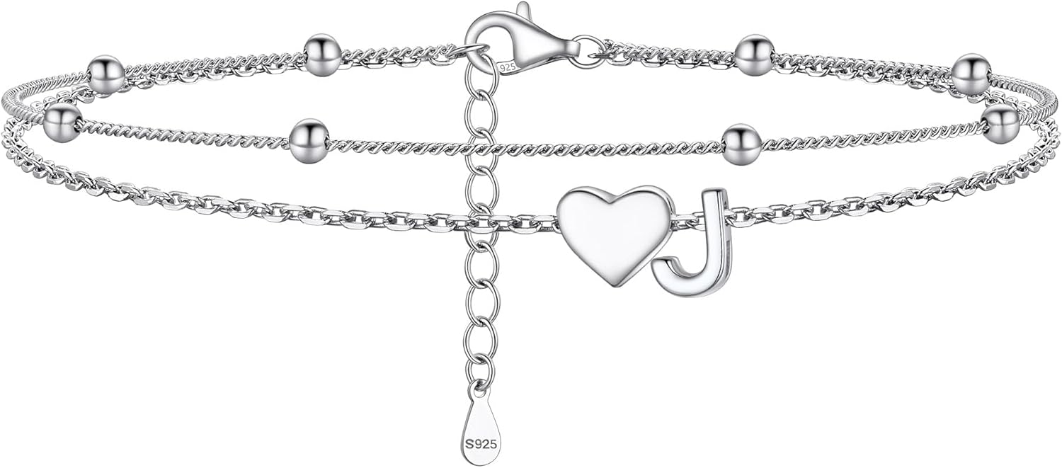 PROSILVER Ankle Bracelets for Women S925 Sterling Silver Anklets for Women Waterproof, Dainty Layered Heart Anklet, Beach Initial Anklet for Summer, Letter A-Z
