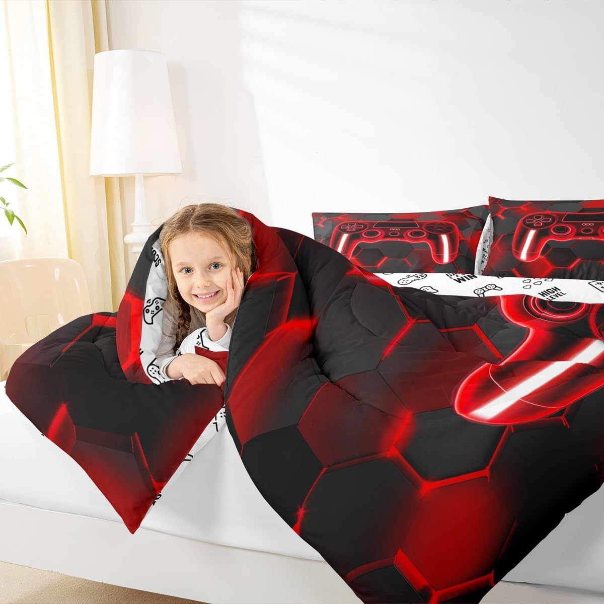 Feelyou Gamer Duvet Quilt Gaming Bedding Set for Kids Boys Girls Teens Room Decor Red and Black Game Console Comforter Set Queen Size Gamepad Honeycomb 3Pcs Breathable Soft Lightweight Microfiber