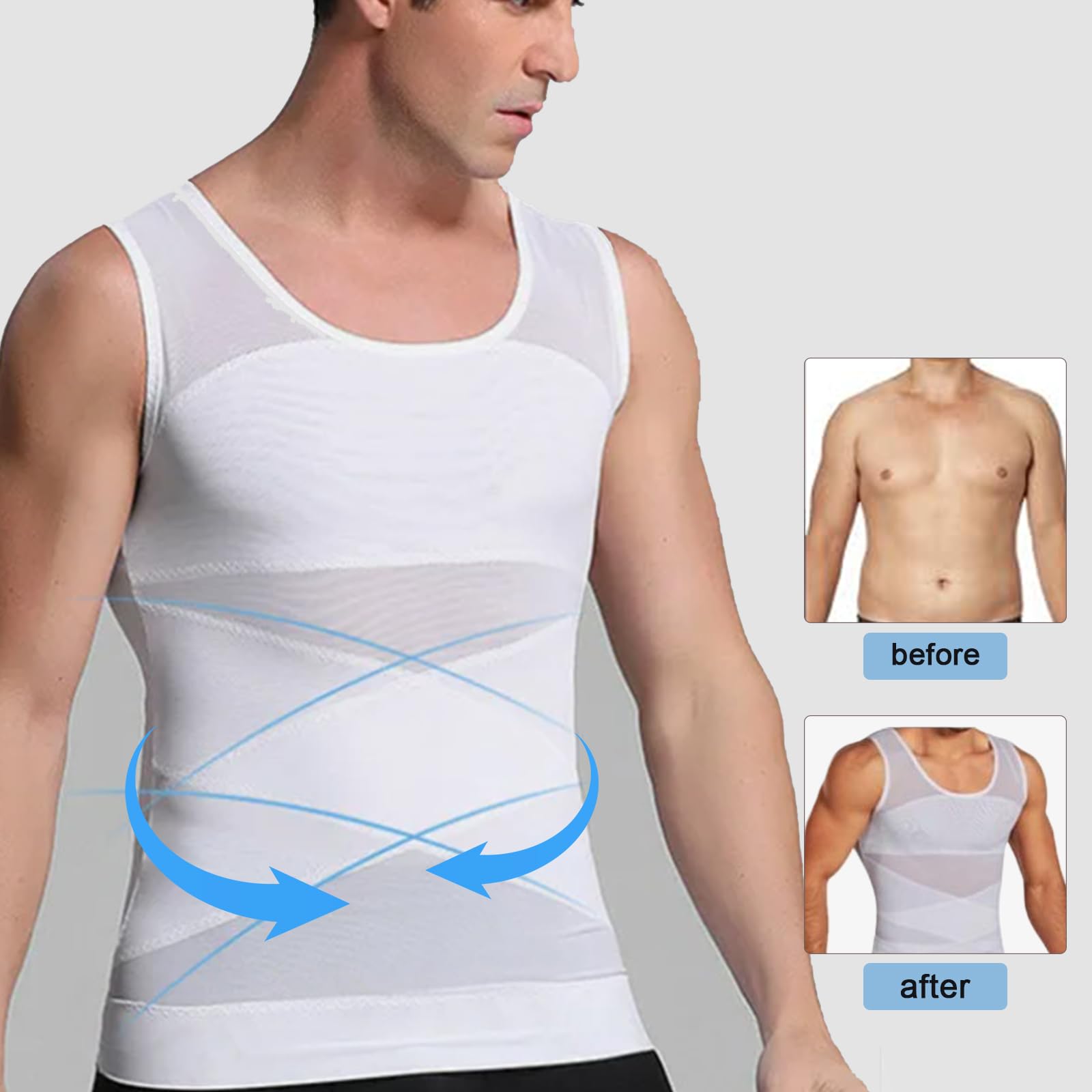 Chaleco de Compresión para Hombre, Faja Reductora, Camiseta Reductora de Compresión, Alta Elasticidad, Ideal para Gimnasio y Ejercicios de Fitness, Color Blanco