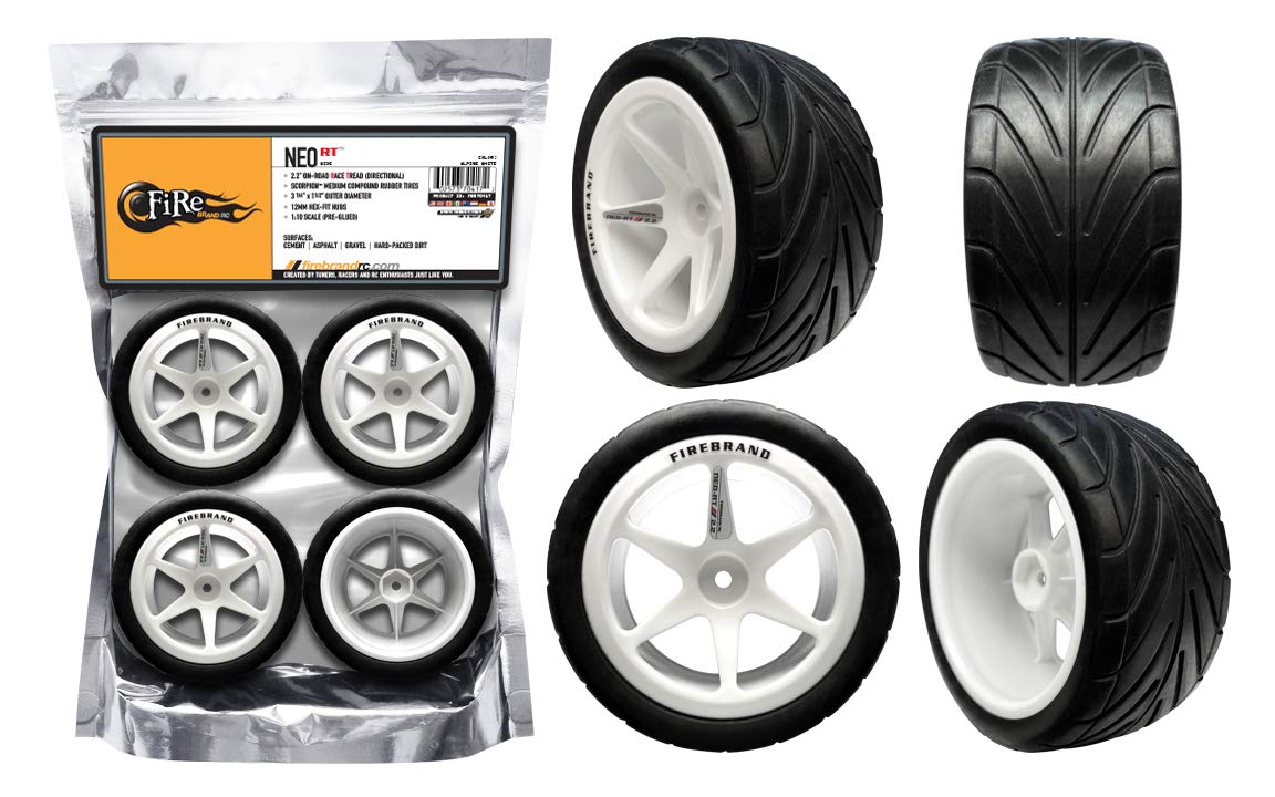 Firebrand RC Neo-RT Wide 2.2™ Alpine White™ On-Road Race Wheels w/Scorpion Directional Race Treads, 1:10 Scale, 12mm Hex-fit (Set of 4), Pre-glued