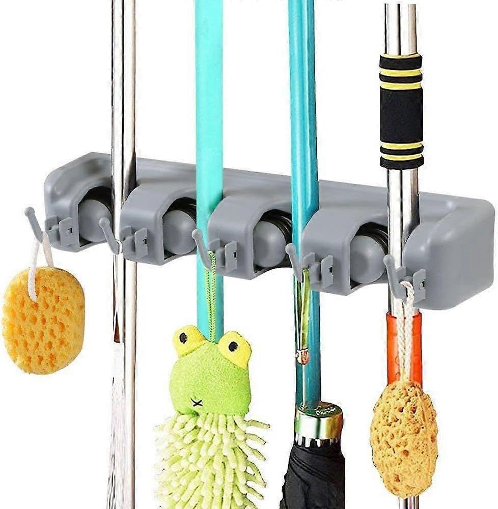 JOYHAPPST (4 Slots and 5 Hooks) Multifunctional Wall Mounted Broom Holder Storage Hanger for Your Kitchen, Garage, Laundry Room