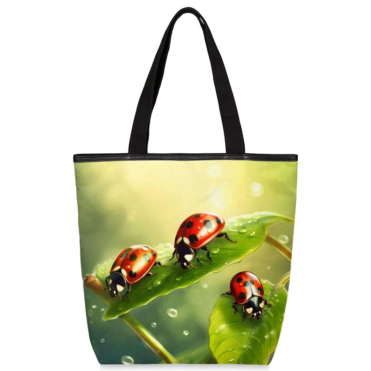 Mularoka Leaf Watercolor Ladybird Canvas Tote Bag with Zipper and Pockets Canvas Tote Shopping Bag Women Reusable Grocery Bag for Beach Travel Gym Shopping