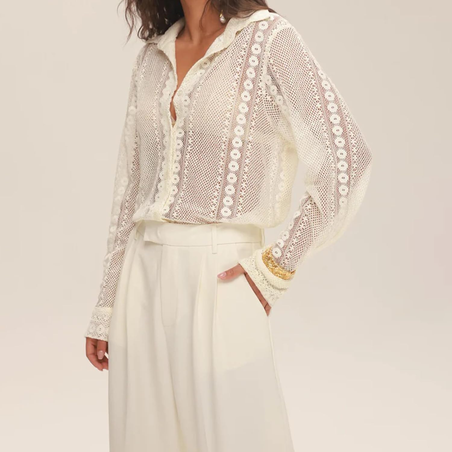Women's Lace Long Sleeve Top Dressy Casual Embroidery Y2K Hollow Out Sheer Mesh Button Up Shirt Blouse