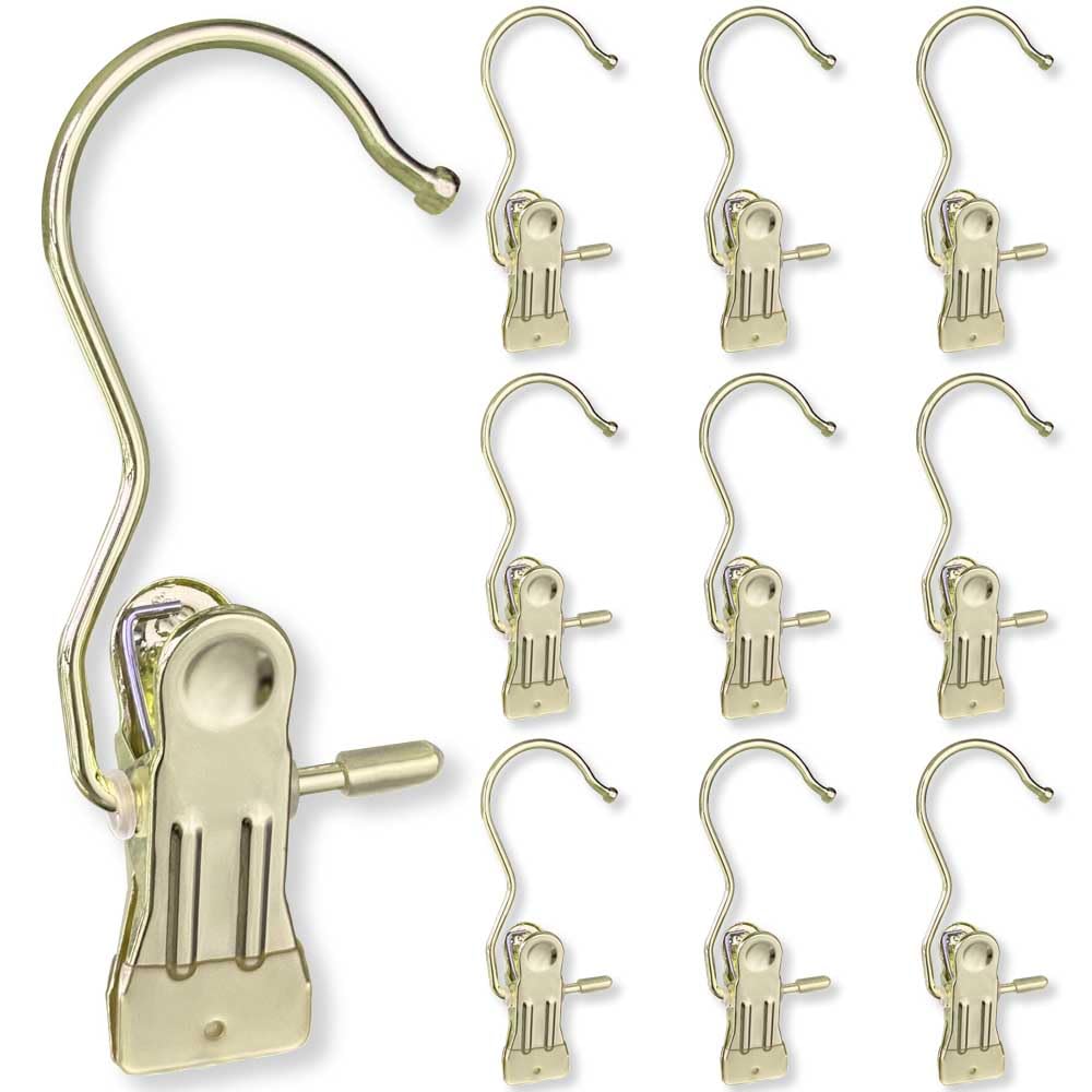 Hangers Clips,Stainless Hooks for Closet Hooks,Heavy Duty Clothespins Laundry Hanging Hooks,Travel Portable Clothes,Boot Tall Towel Hats Socks Pants and Bras (10, Gold)
