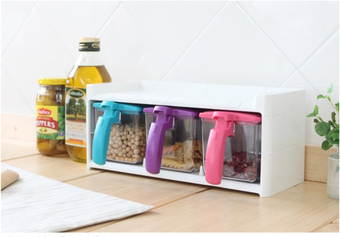 BT Color Seasoning Rack Spice Pots - 3 Piece Seasoning Box - Storage Container Condiment Jars - Cruet with Cover and Spoon