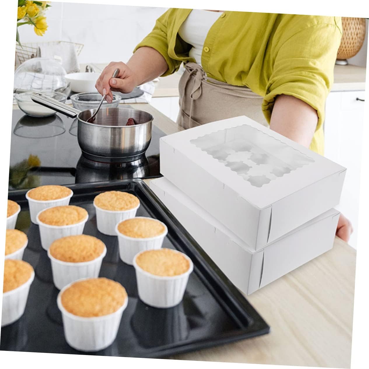 KICHOUSE 10Pcs Muffin Cake Wrapping Box with Window Paper Bakery Box for Cupcakes Mousse Desserts with Compartment Design for Parties Events