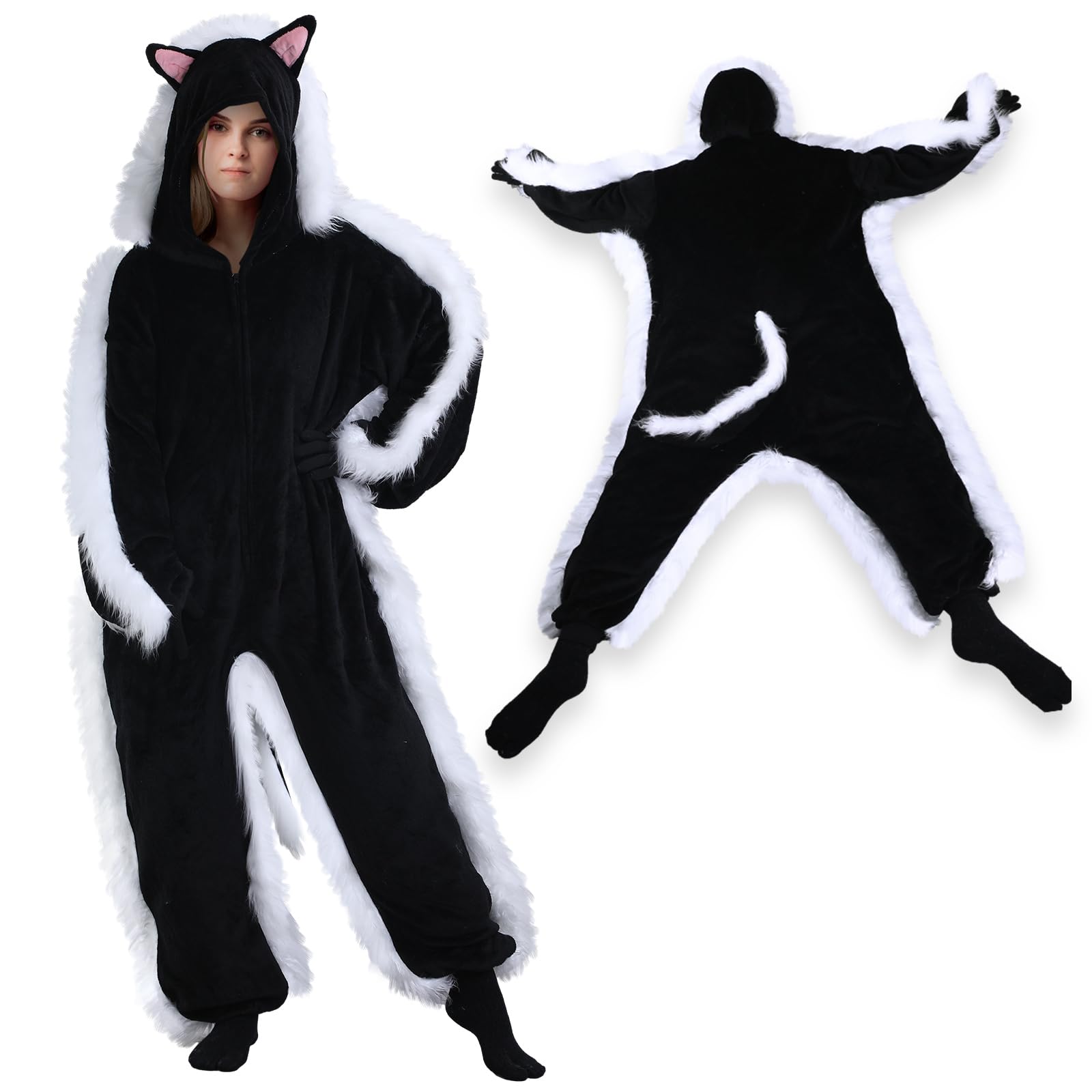 Langyiwee Christmas Black Cat Sleepwear Movie Costume Women Furry Cat Animal Flannel Jumpsuit Adult Cosplay White Elephant Gift Funny Gift