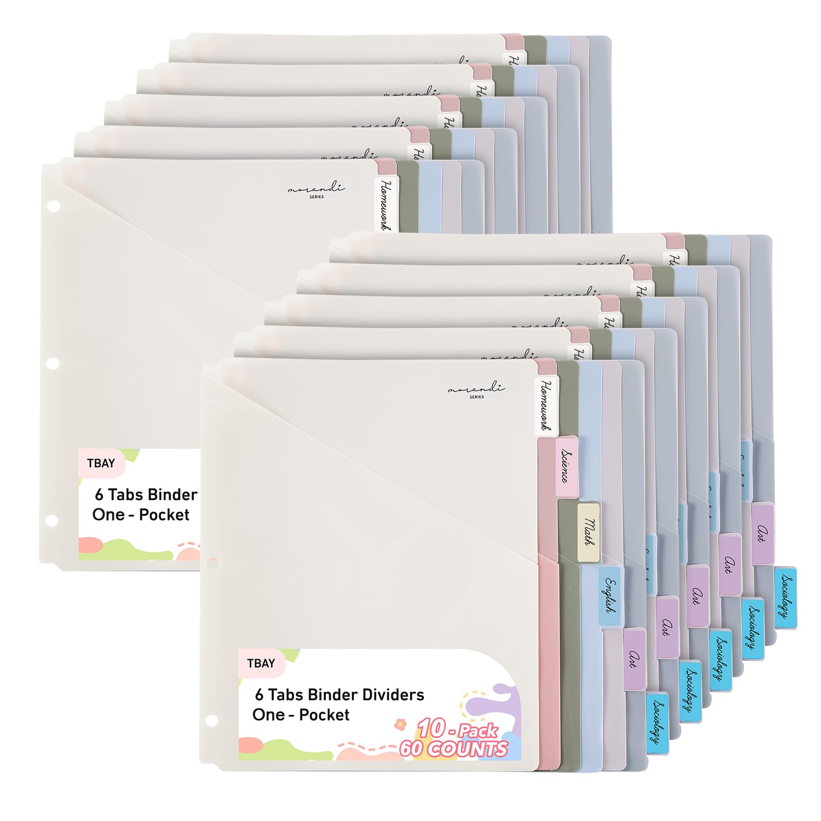 Ringbücher mit 6 Registerkarten für 3-Ringordner, 60 Stück, Register mit einer Tasche, Briefgröße 21,6 x 27,9 cm, Morandi-Farben, 10 Stück