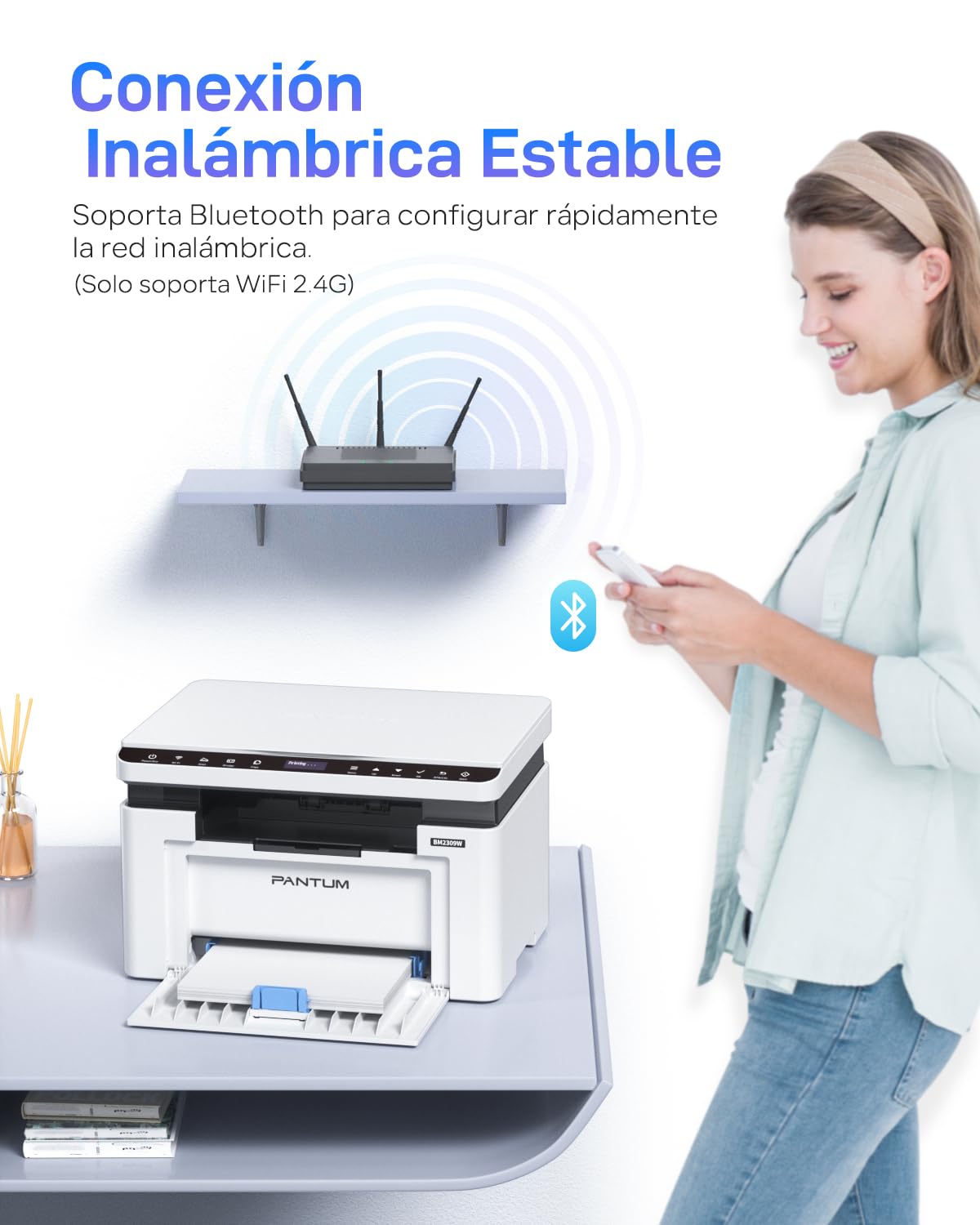 PANTUM Impresora Multifunción Láser Monocromo WiFi (BM2309W, BM2300W), Impresión, Copia, Escaneo, para Oficina y Hogar (A4, 20 ppm, Wi-Fi Direct, USB 2.0, Bluetooth, AirPrint, Mopria)