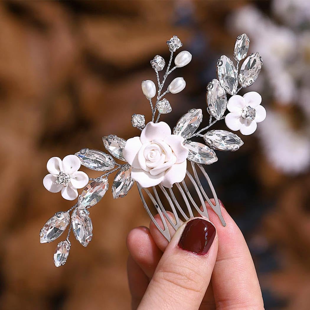 Peineta de novia, adorno para el pelo de plata con flores, cristal, tocado para mujeres y niñas