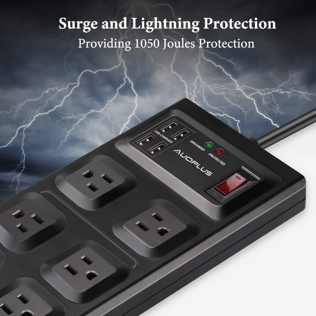 Power Strip Surge Protector, AUOPLUS Flat Plug Power Outlet with USB, 10 Widely Outlets & 4 USB Charger, Wall Mounted Outlet Strip, 1625W/13A, 6FT Extension Cord for Computer Home Office Dorm