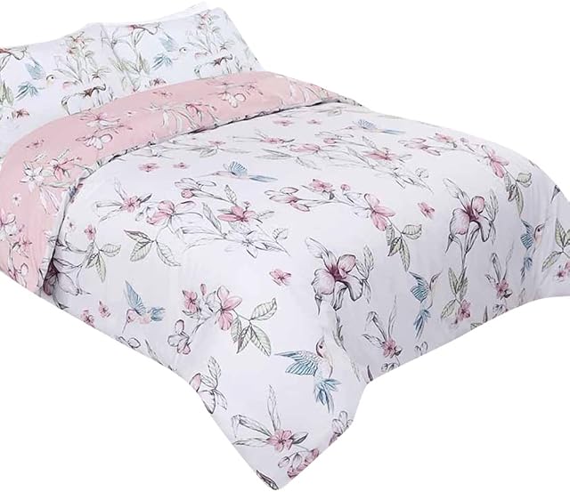 wilko Blush Humming Bird Floral Duvet Set Double, Polycotton Washable Reversible Duvet Set, 1.0cm H x 200.0cm W x 200.0cm D