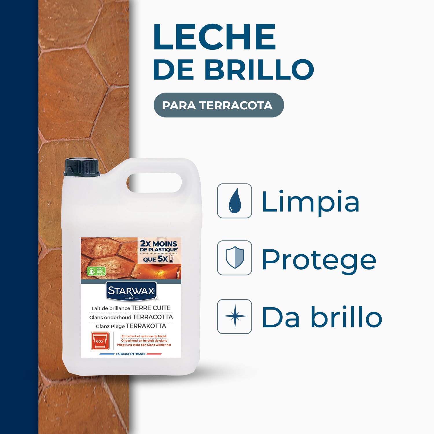 STARWAX Leche de Brillo Barro Cocido 5L | Protege y hace brillar suelos de tomette y terracota, 2 en 1 limpieza y brillo, sin enjuague, rendimiento 750 m²/L