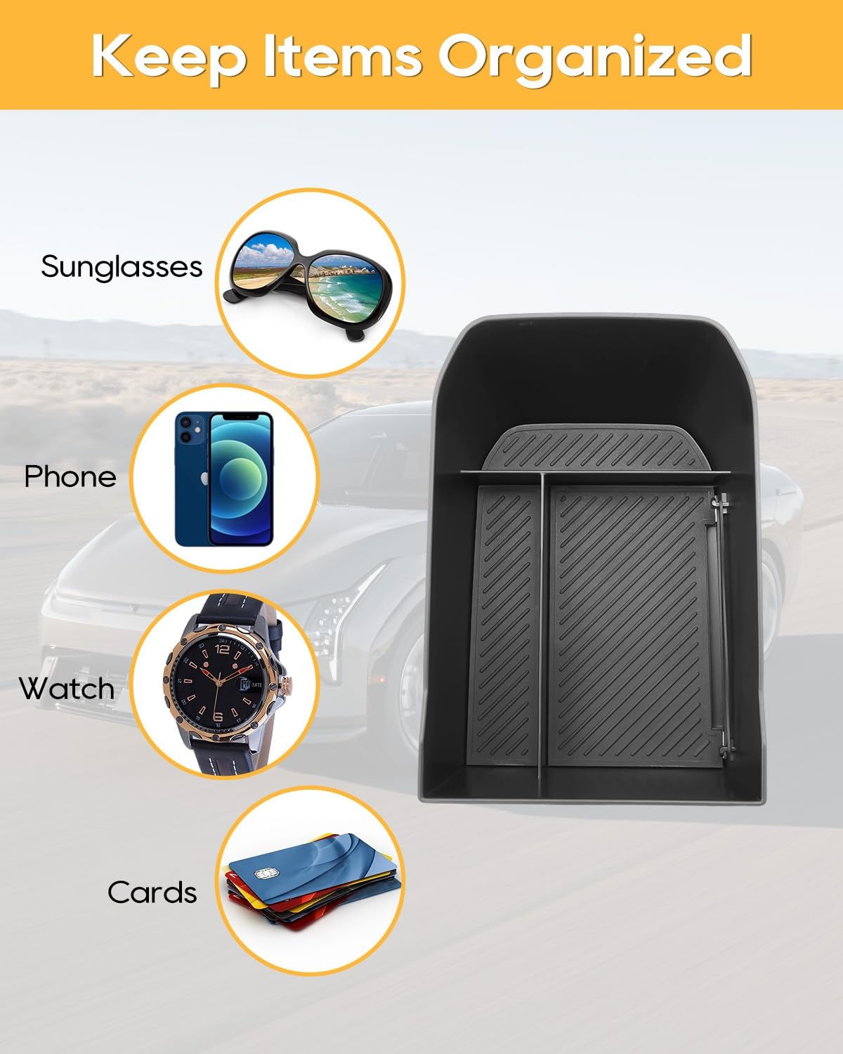 YEE PIN Compatible avec Kia EV4 GT Line/GT 2025, 2026, 2027, console centrale, boîte à gants, plateau de rangement avec tapis antidérapant, pour accessoires EV4 (avant)