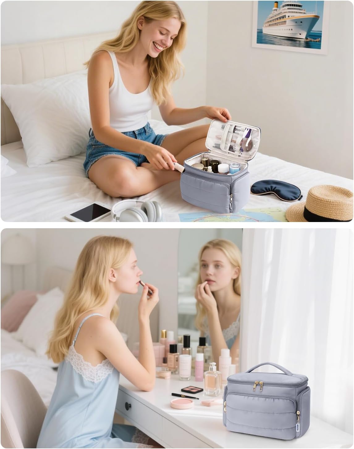 WANDF Travel Toiletry Bag for Women, Wide-open Large Makeup Bag with Handle, Puffy Makeup Organizer for Toiletries, Cosmetics, Accessories, Essentials (Slate Blue) - Image 8