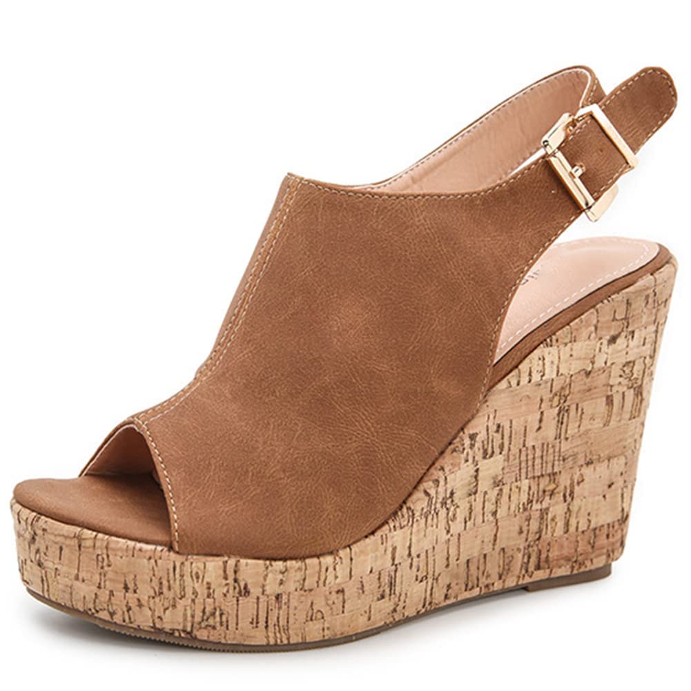 ZBYY Women's Open Toe Platform Wedge Sandal Buckle Ankle Strap Faux Suede Cork Dress Slingback High Heel Summer Sandals