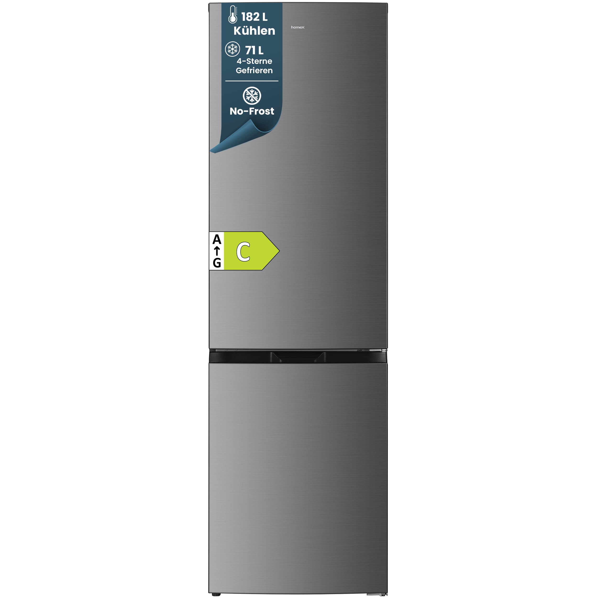 homeX Kühlschrank mit Gefrierfach No Frost, Kühl-Gefrier-Kombination freistehend, groß - 253 Liter, Super-Frost-Funktion, leise Kühlgefrierkombi, EEK C, Kühl Gefrierkombination, silber, CFSN2531C-S