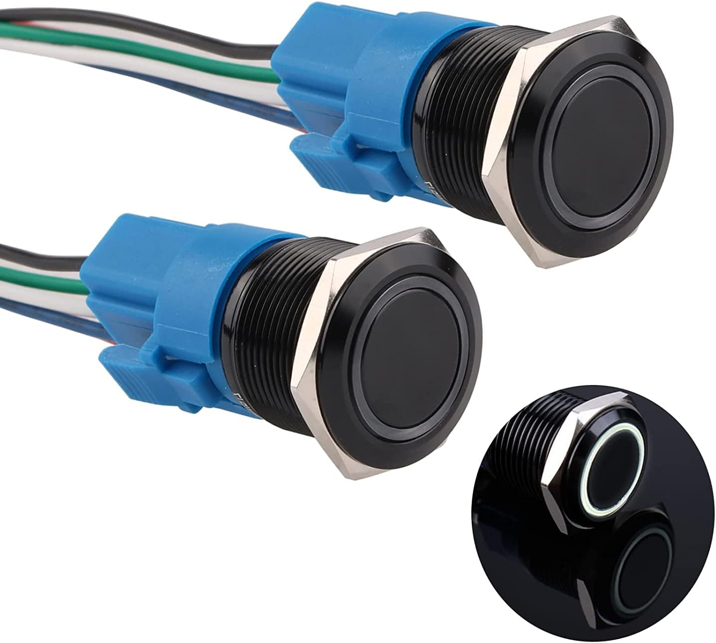 22mm Momentary Push Button Switch Waterproof 12V-24V 1NO 1NC Black Aluminium Alloy Metal Push-Button Switch Ring LED with Wire Socket Plug for Car Marine(White,Pack of 2)