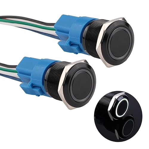 Vista 16 de Interruptor de botón momentáneo de 0.748 in, impermeable, 12V-24V, 1NO 1NC, anillo de interruptor de botón de aleación de aluminio negro LED