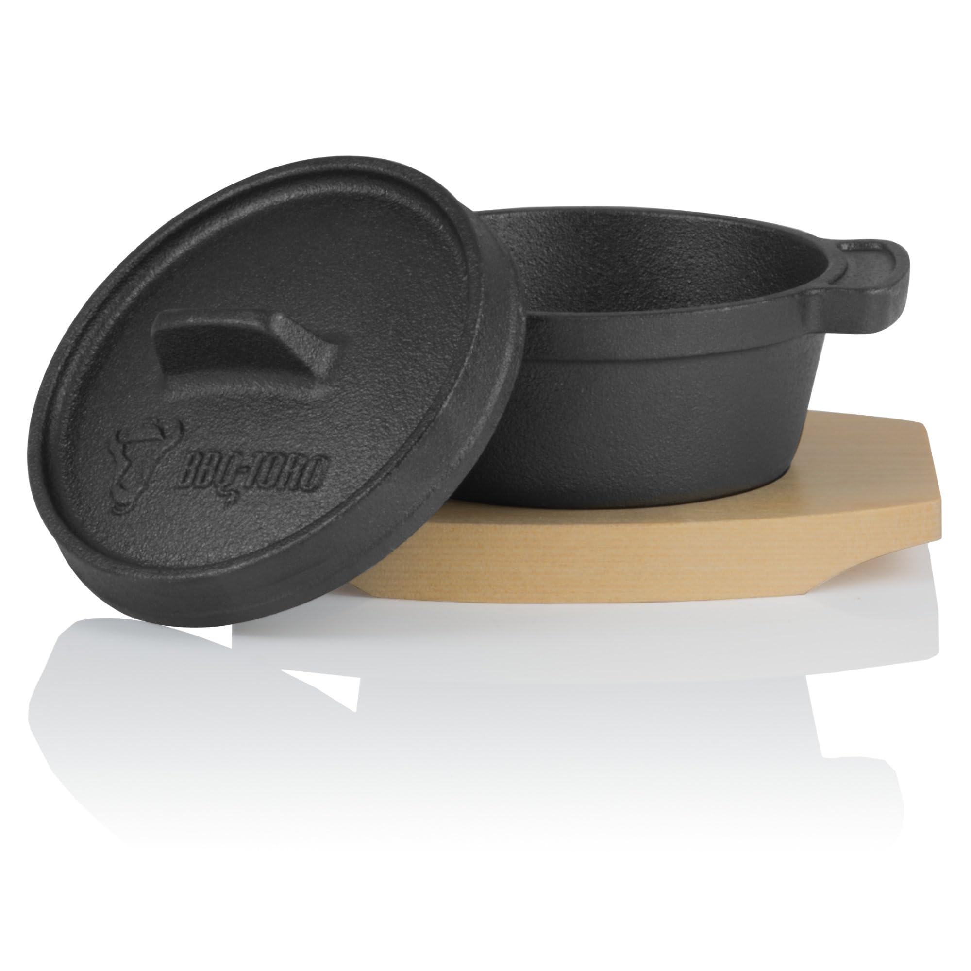 BBQ-Toro Mini Dutch Oven (1 pezzo) | Ø 11 cm | Casseruola da portata in ghisa con supporto in legno | già pretrattata - preseasoned | Piccola casseruola da forno in ghisa